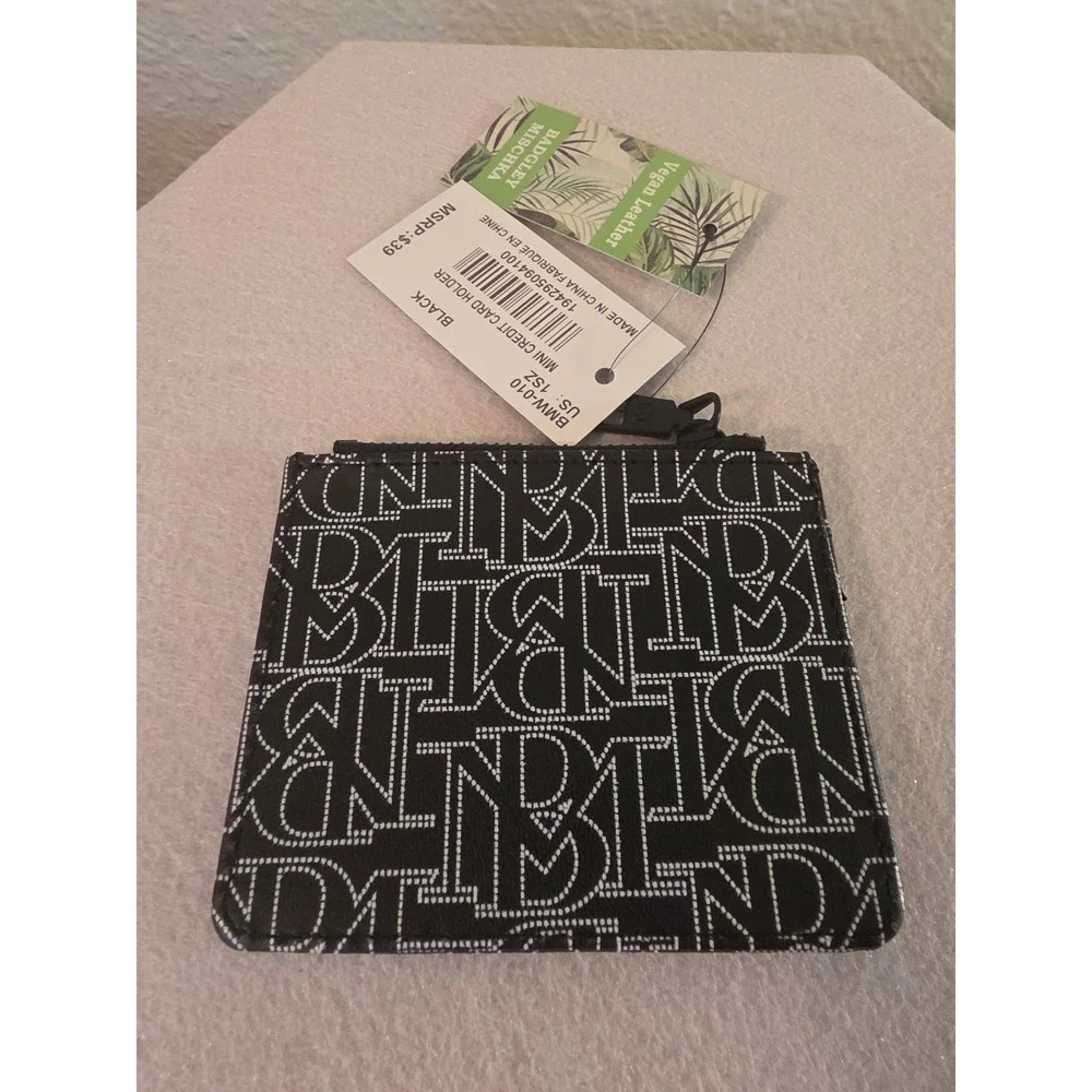 Badgley Mischka Mini Credit Card Holder Black White Vegan Leather BMW-010 NEW